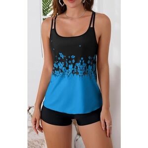 Floral Ombre Black & Blue Tankini Set - Women Swim Bikini